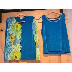 Vintage KOKOMO Size M 2 Piece Long Sleeve Stretch Slinky & Sleeveless Blue Shirt